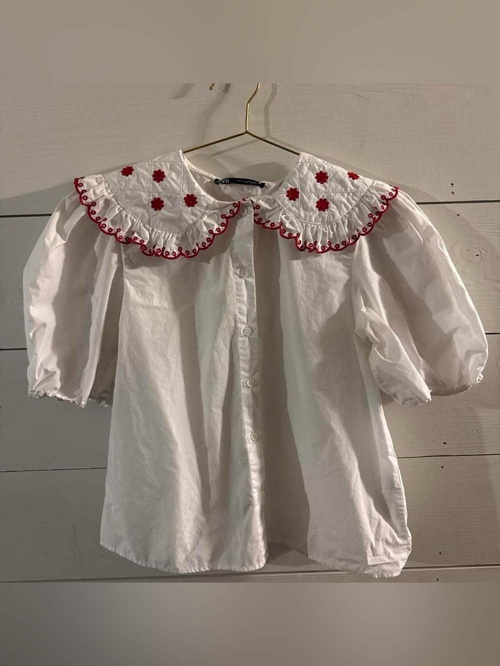Zara White Cotton Blouse with Red Embroidered Peter Pan Collar